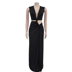 Detailed view of women's sleeveless deep V-neck maxi dress with waist cutout design