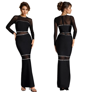Elegant black long sleeve mesh dress with silver rhinestones and a slim mermaid silhouette