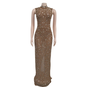 Close-up of sleeveless brown mesh bodycon maxi dress with shimmering silver rhinestones