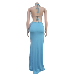 Detail view of the backless light blue maxi dress with mesh flower decoration