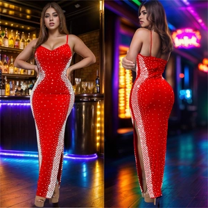 Slim fit red v-neck maxi dress with spaghetti straps and rhinestone side details