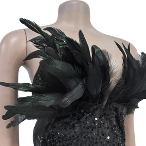 Detailed view of black sequins and delicate feather trim on this elegant sleeveless dress