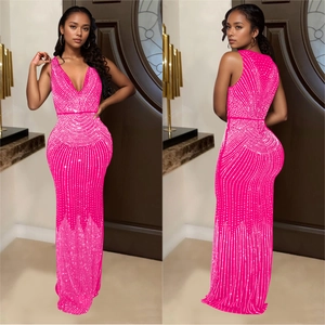 Front and back view of a hot pink V-neck sleeveless rhinestone evening gown