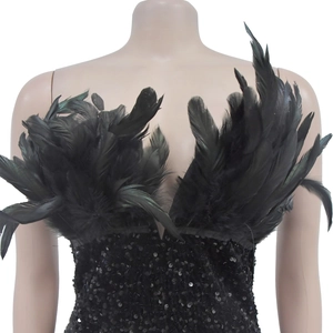 Detail shot of black sequin mini dress featuring dramatic feather trim on the bust
