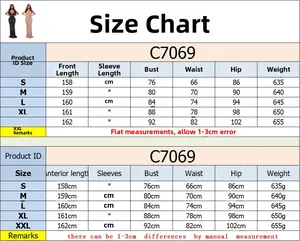 Size chart for sleeveless rhinestone maxi dress with measurements for S to XXL sizes