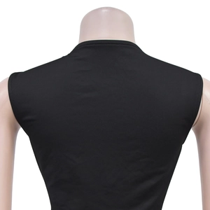 Detailed back view of a sleeveless black dress with slim fit tailoring on a mannequin