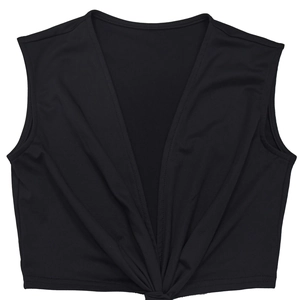Close-up of a black sleeveless deep V-neck top featuring a front twist knot detail