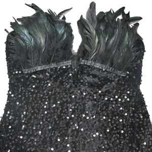 Close-up of black sequins and ostrich feathers on the bodice of a party dress