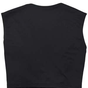 Detail view of smooth black sleeveless tank top with high-density knit and neat stitching