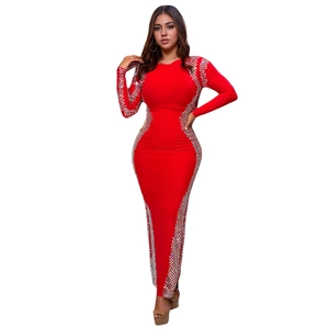 Detailed view of red long sleeve bodycon dress with silver sequin side panels