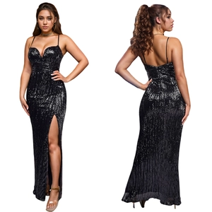 Elegant black sequin evening gown featuring a deep V-neck, thin straps and a high side slit