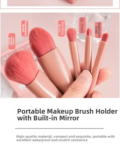 Macro detail of 5pcs portable makeup brush set with a built-in mirror storage case