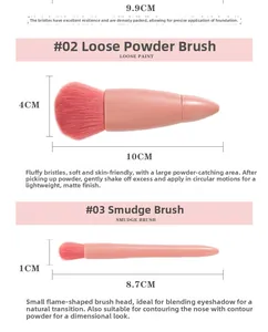 Detail of pink makeup brushes #02 and #03 showing precise size measurements and soft bristles