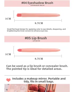 Detail view of 8.7cm mini eyeshadow and lip brushes with pink handles and red bristles