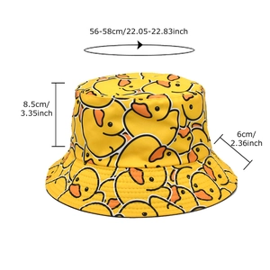 Detailed size chart for yellow bucket hat with cute duck print showing brim and crown measures