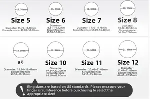 Size guide for rings showing diameter and circumference for US sizes 5 to 12 in mm