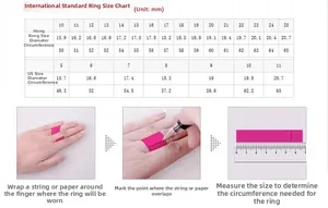 Detailed ring size guide with international conversion table and measuring instructions