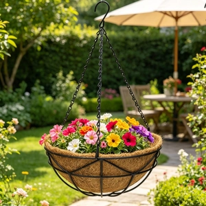 Hanging coco coir flower basket with black metal frame and colorful petunias in garden