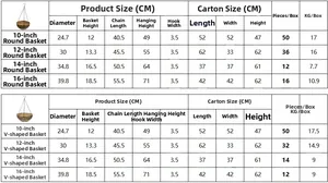 Size chart showing diameter and chain length for coco liner hanging baskets 10-16 inch