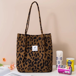 Large capacity leopard print corduroy canvas tote bag with shoulder straps for daily travel