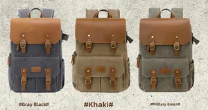 Vintage canvas camera backpacks shown in grey-black, khaki, and army green color options