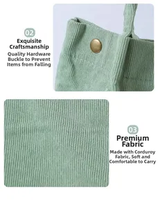 Detail of light green corduroy fabric texture and round bronze metal snap button closure