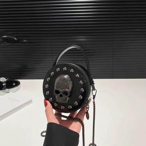 Gothic Punk Skull Cross Round Mini Crossbody Bag PU Leather Rivet Chain Shoulder Bag Halloween Party Niche Small Purse
