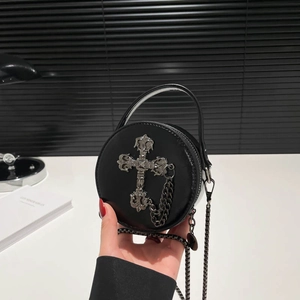 Gothic black round leather handbag with silver cross pendant and metal chain strap