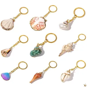 Natural Shell Conch Keychain Gold Metal Alloy Ocean Beach Style Tropical Handbag Charm Car Keyring Gift Coastal Vacation
