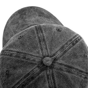 Detail of six-panel baseball cap crown with reinforced stitching and top button