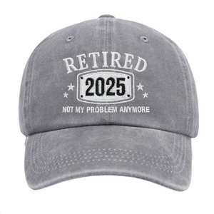 Washed grey cotton baseball cap with Retired 2025 embroidery and stars