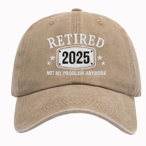 Khaki washed cotton baseball cap with Retired 2025 embroidery and adjustable strap