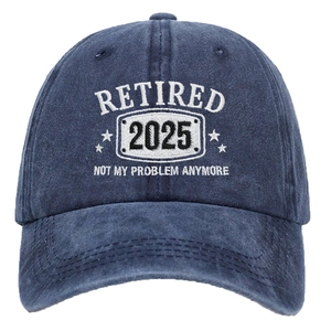 Dark blue washed denim baseball cap with Retired 2025 embroidery and adjustable strap