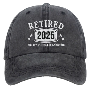 Dark gray washed cotton baseball cap with Retired 2025 white embroidery design