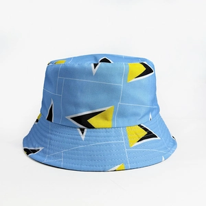 Light blue bucket hat with yellow and black geometric triangle patterns for sun protection