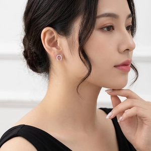 Elegant S925 sterling silver horseshoe earrings with cubic zirconia on female model