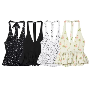 Women Halter Neck Polka Dot Floral Camisole Top Backless Tie-Neck V-Neck Sexy Peplum Hem Sleeveless Summer Cami Shirt