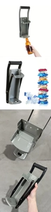 Detail of wall-mounted metal can crusher showing built-in bottle opener and lever