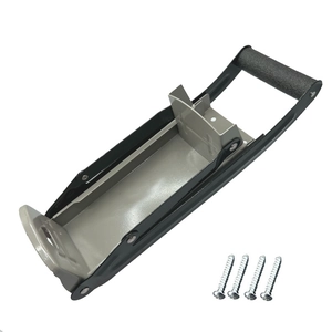 Wall-mounted metal can crusher for recycling with gray handle and installation screws