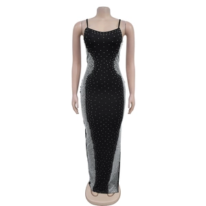 Detail of silver rhinestone diamond pattern on black spaghetti strap slim maxi dress