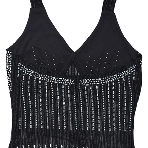 Close-up of black V-neck sleeveless top with intricate silver rhinestone decorations