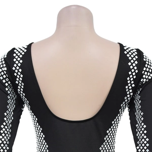Detail of black long sleeve backless dress with silver sequin geometric patterns