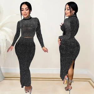 Damen Glamourös Schwarz Strass Oberteil Und Rock Langarm Hochgeschlossen Netz Crop Top Und Bodycon Maxirock Für Party