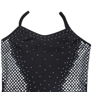 Detail of black V-neck dress featuring sparkling silver rhinestone geometric patterns