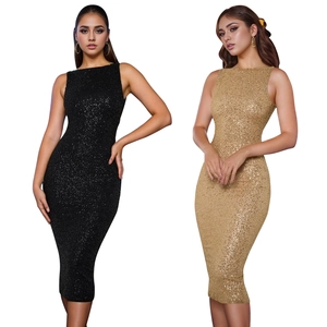 Detail of elegant sleeveless sequin midi dresses in classic black and gold colors