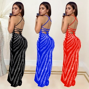 Women's backless halter maxi dress with shimmering zebra pattern in black blue and red