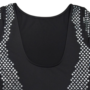 Detail of silver square rhinestones on the neckline of this backless black dress