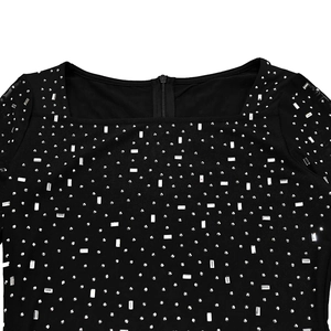 Detail of square neck dress with silver rhinestones and mesh sleeves for women