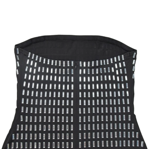 Detail of black dress with silver rhinestones and a hidden back zipper closure