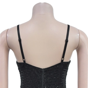 Detailed back view of black sequined dress showing adjustable straps and hidden zipper